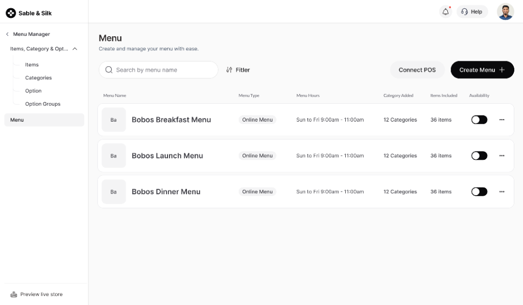 Sable & Silk Menus configuration